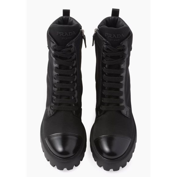 Prada 55MM Logo Lug Sole Platform Black Re-Nylon Leather Ankle Heel Boot 37.5 - Picture 7 of 15